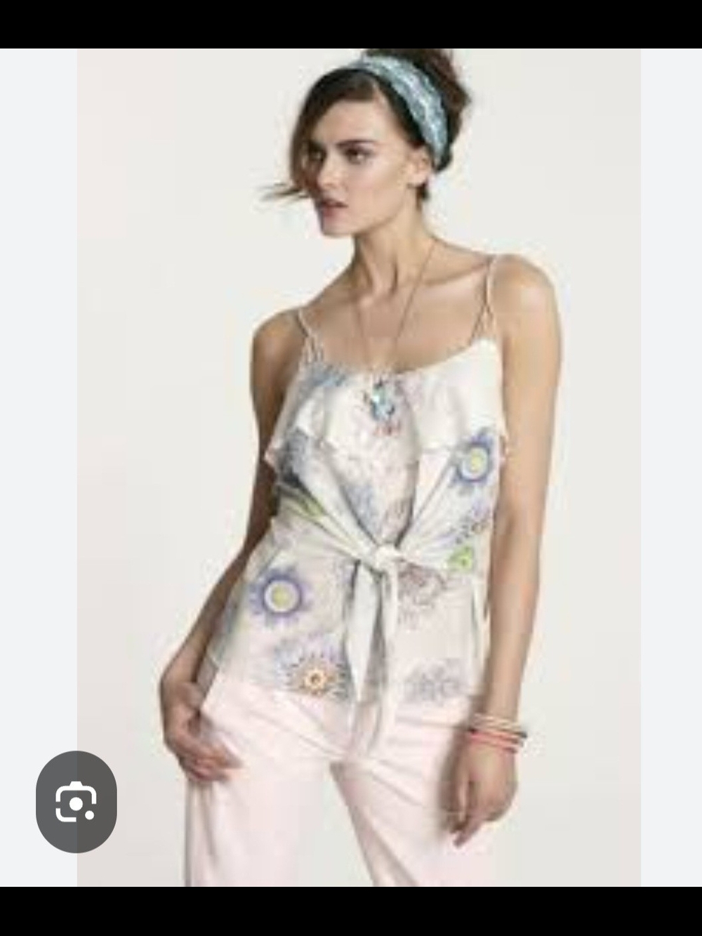 leifsdottir Silk/cotton Light Multi Floral Tie-Front Spag. Strap Camisole Boho S